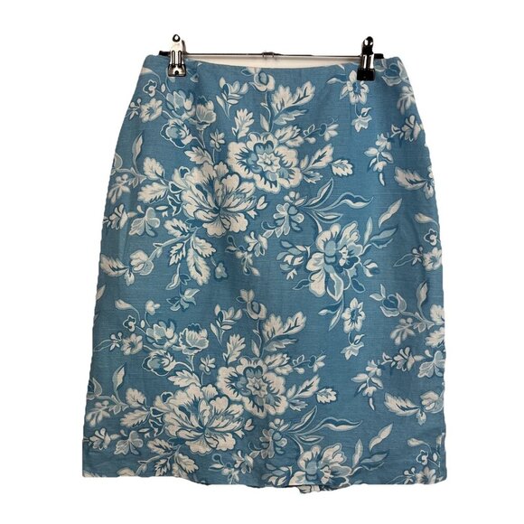 Talbots Petites Irish Linen Blend Skirt Womens 6 Blue Floral A Line Spring - Picture 1 of 9